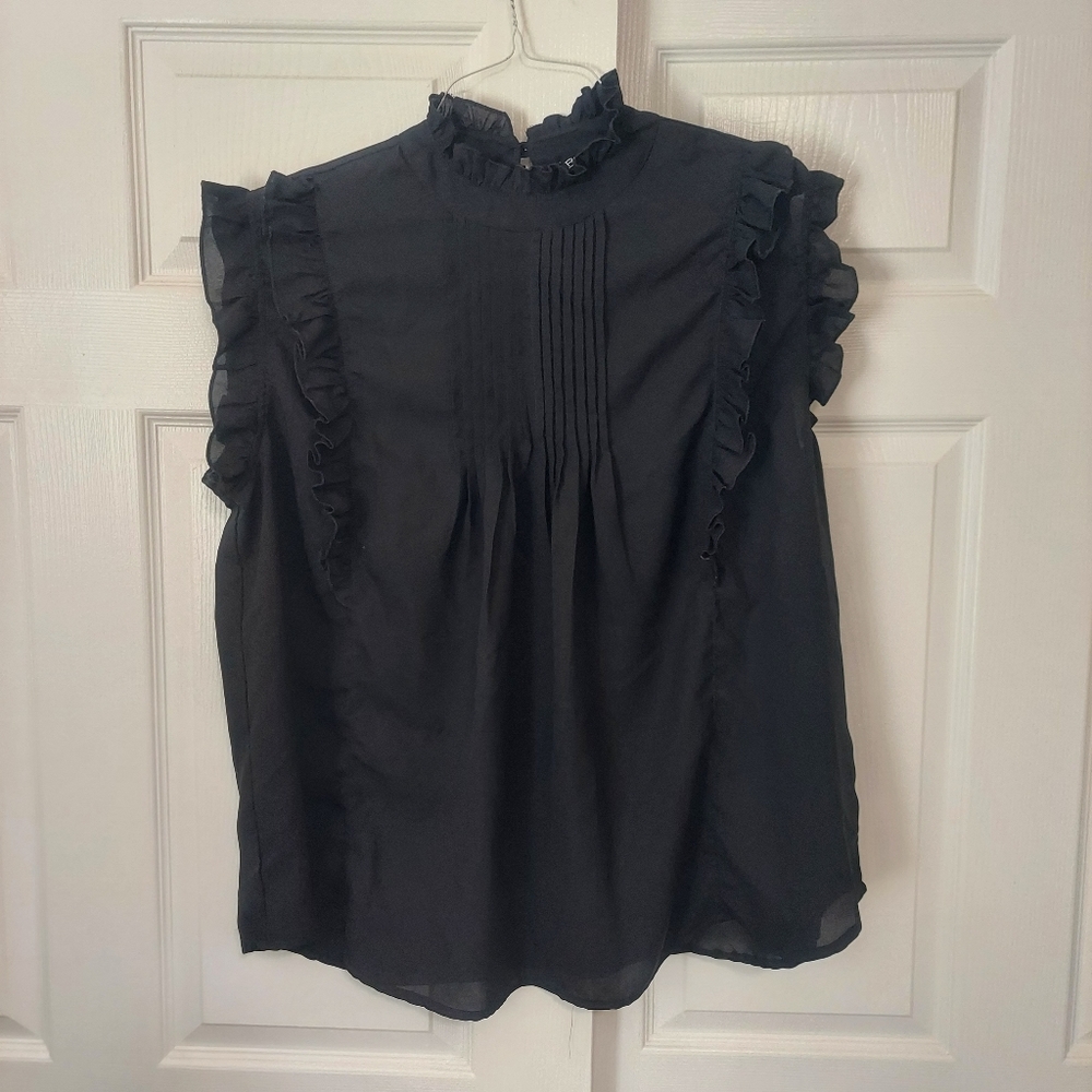 Rouge Collection High Neck Ruffles Black Blouse